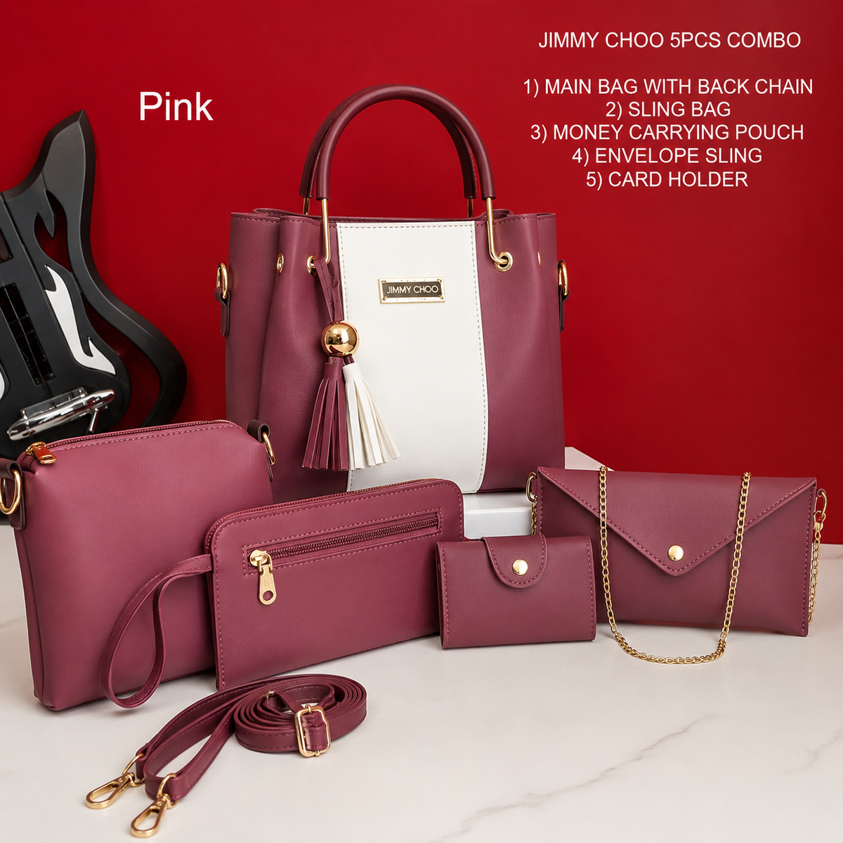 5-Piece Jimmy Choo Bag Combo | Main Bag, Sling, Pouch, Envelope Sling & Card Holder