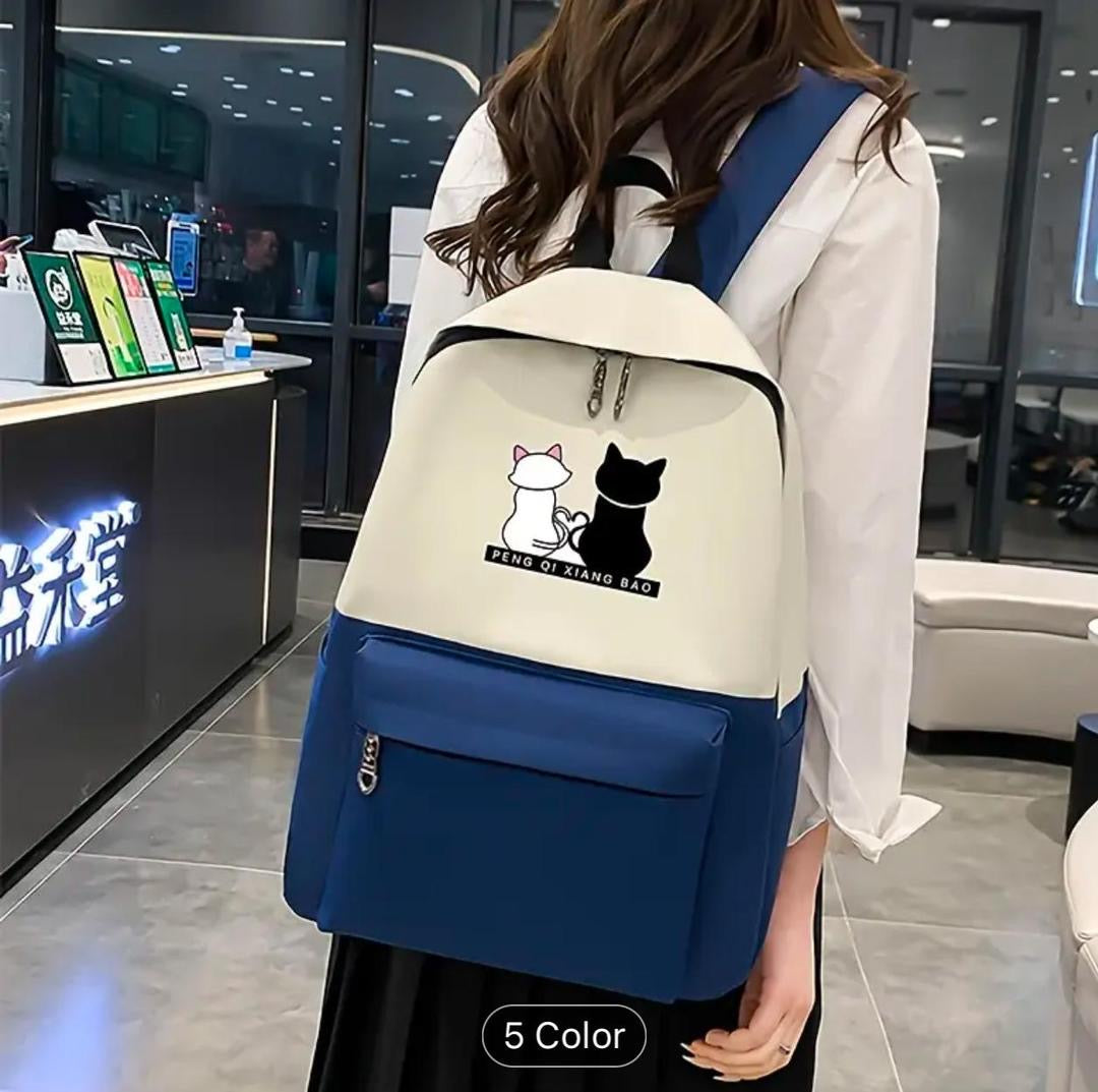 Cute Cat Print 5-in-1 School Bag Set for Girls