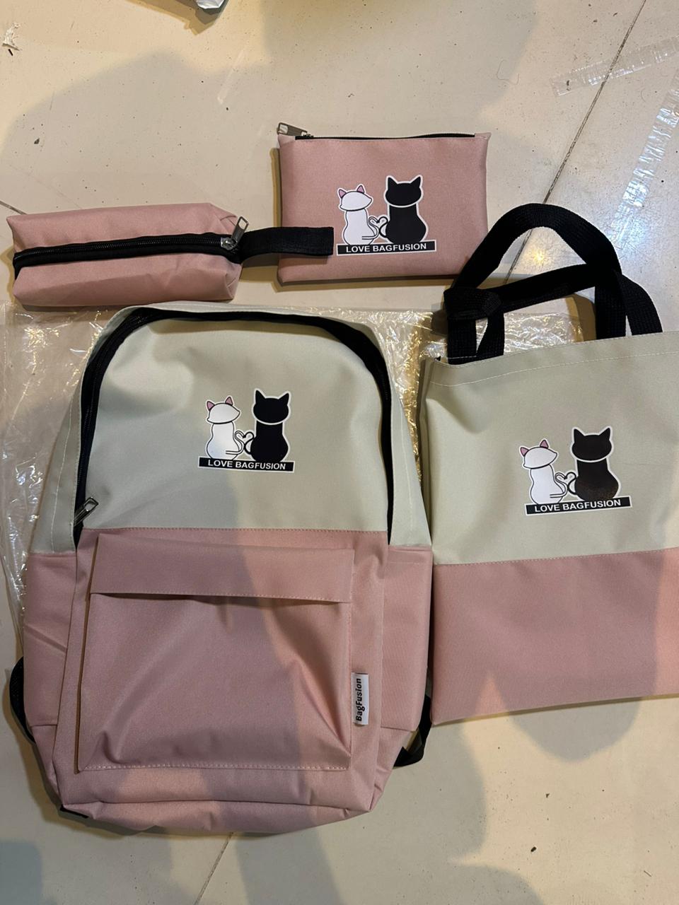 Cute Cat Print 5-in-1 School Bag Set for Girls
