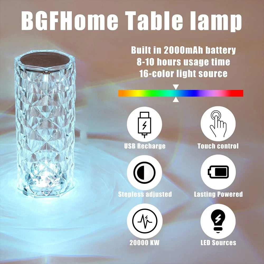 16 Colors Crystal Lamp With Remote | RGB Rose Diamond Table Lamp Rechargeable